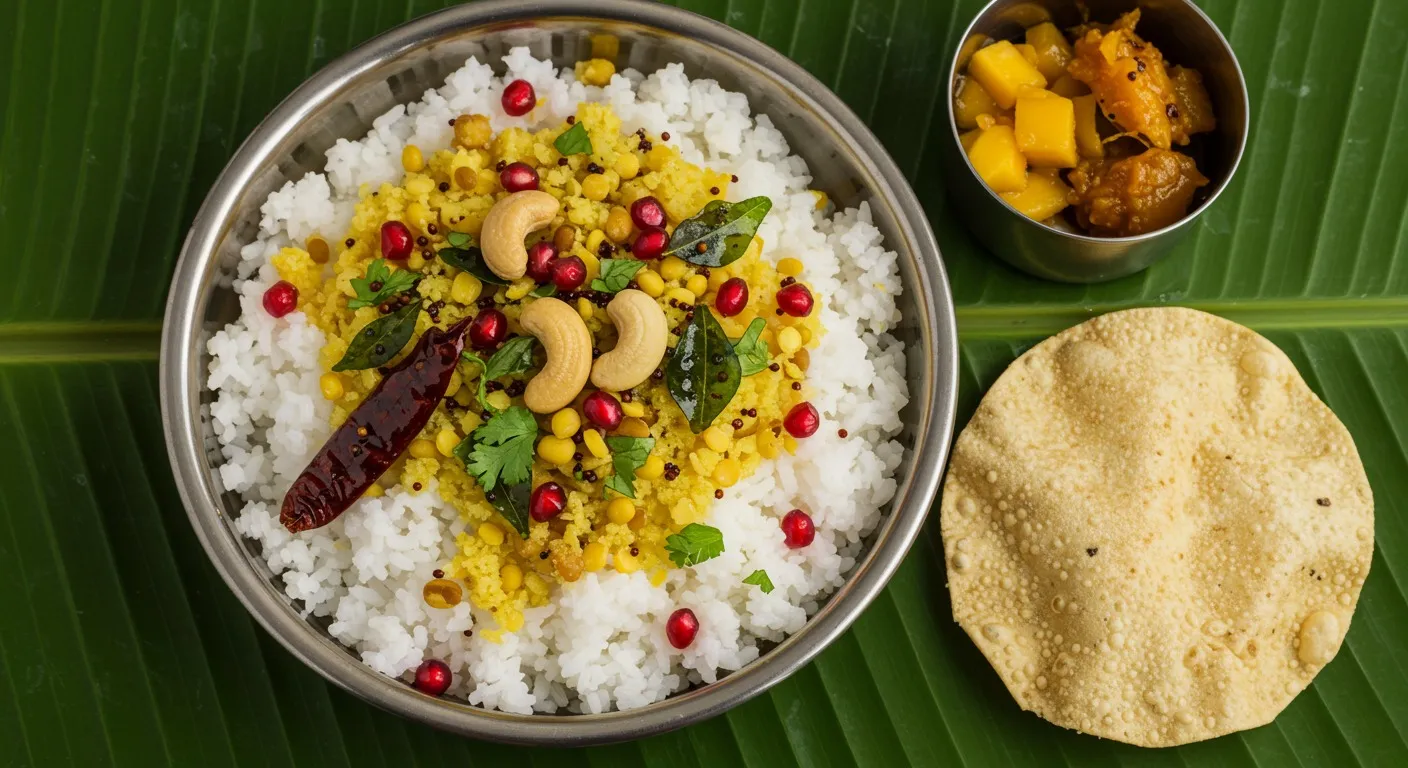 Stainless steel bowl of creamy thayir sadam topped with golden ghee tempering of mustard seeds, urad dal, broken red chili, curry leaves, and split cashews, garnished with pomegranate arils and fresh coriander, with mango pickle and papadam on the side