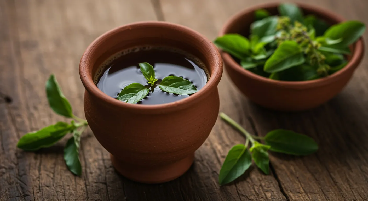 Steaming clay cup of tulsi tea on a wooden tray with a sprig of fresh holy basil leaves beside it