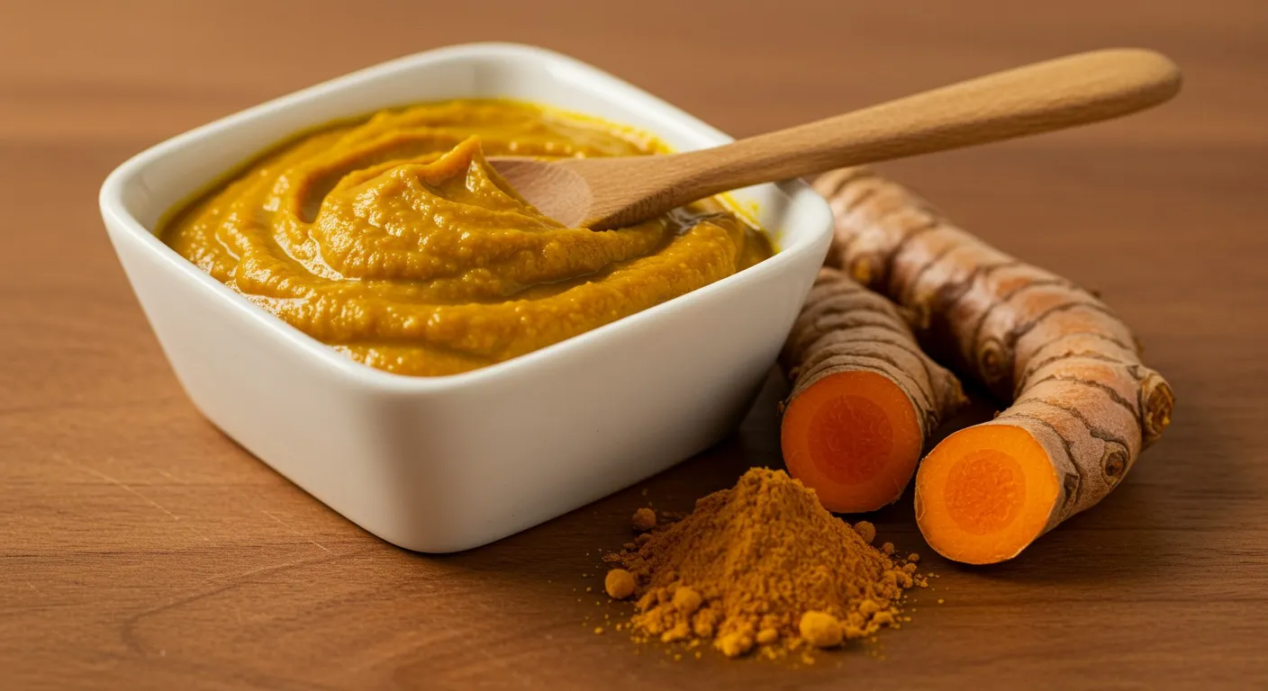 Small white dish of bright golden turmeric paste with a wooden spoon, beside a piece of fresh turmeric root and a dish of turmeric powder on a wooden surface