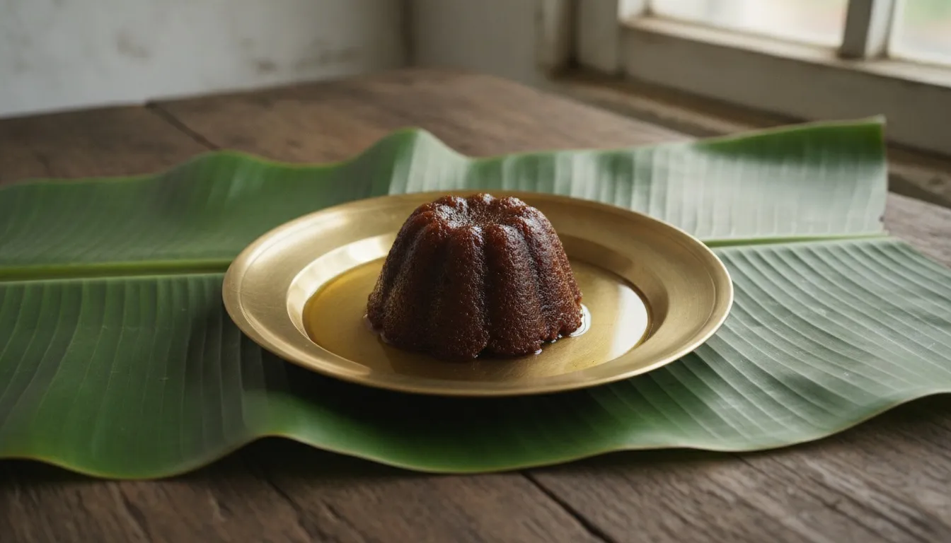 Dark glossy ulundhu kali mounded on a brass plate with a spoonful of gingelly oil pooled in the center, banana leaf underneath