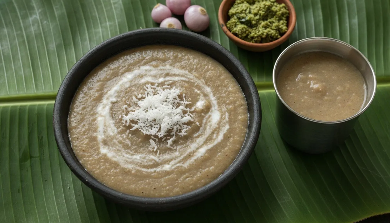 Bowl of creamy ulundhu kanji porridge topped with a drizzle of coconut milk, served with small onions and coconut thogayal on a banana leaf