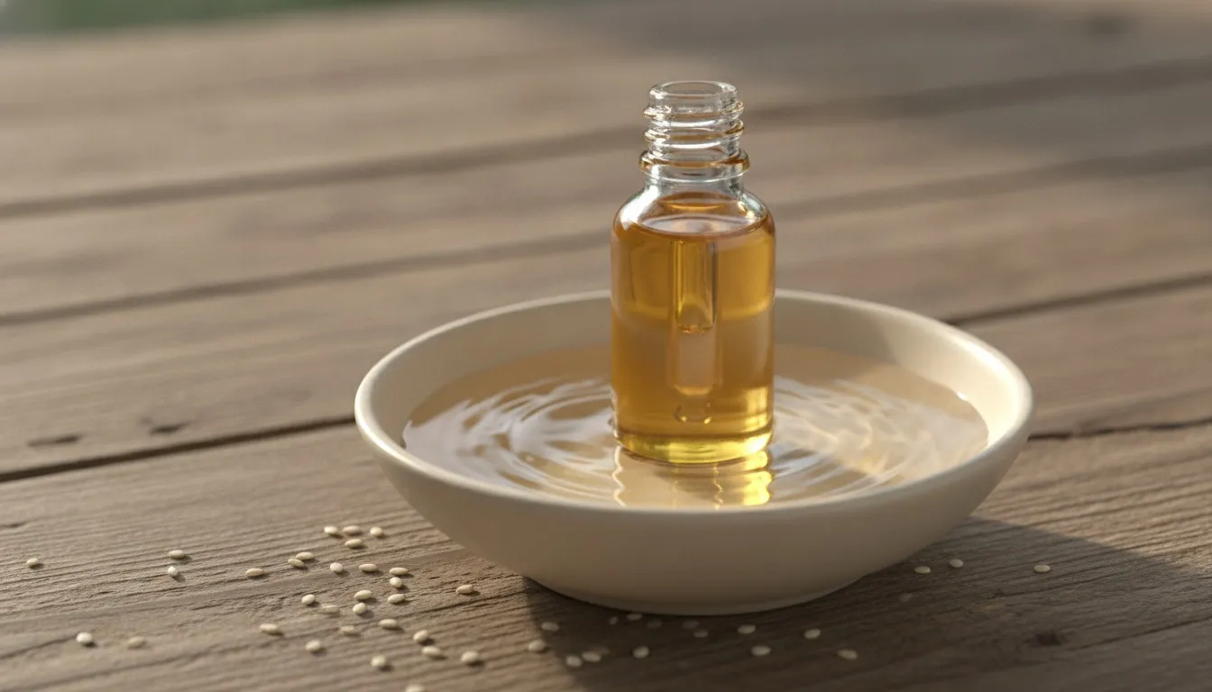 Small glass dropper bottle of golden sesame oil resting on a wooden board beside a bowl of warm water and a scattering of white sesame seeds